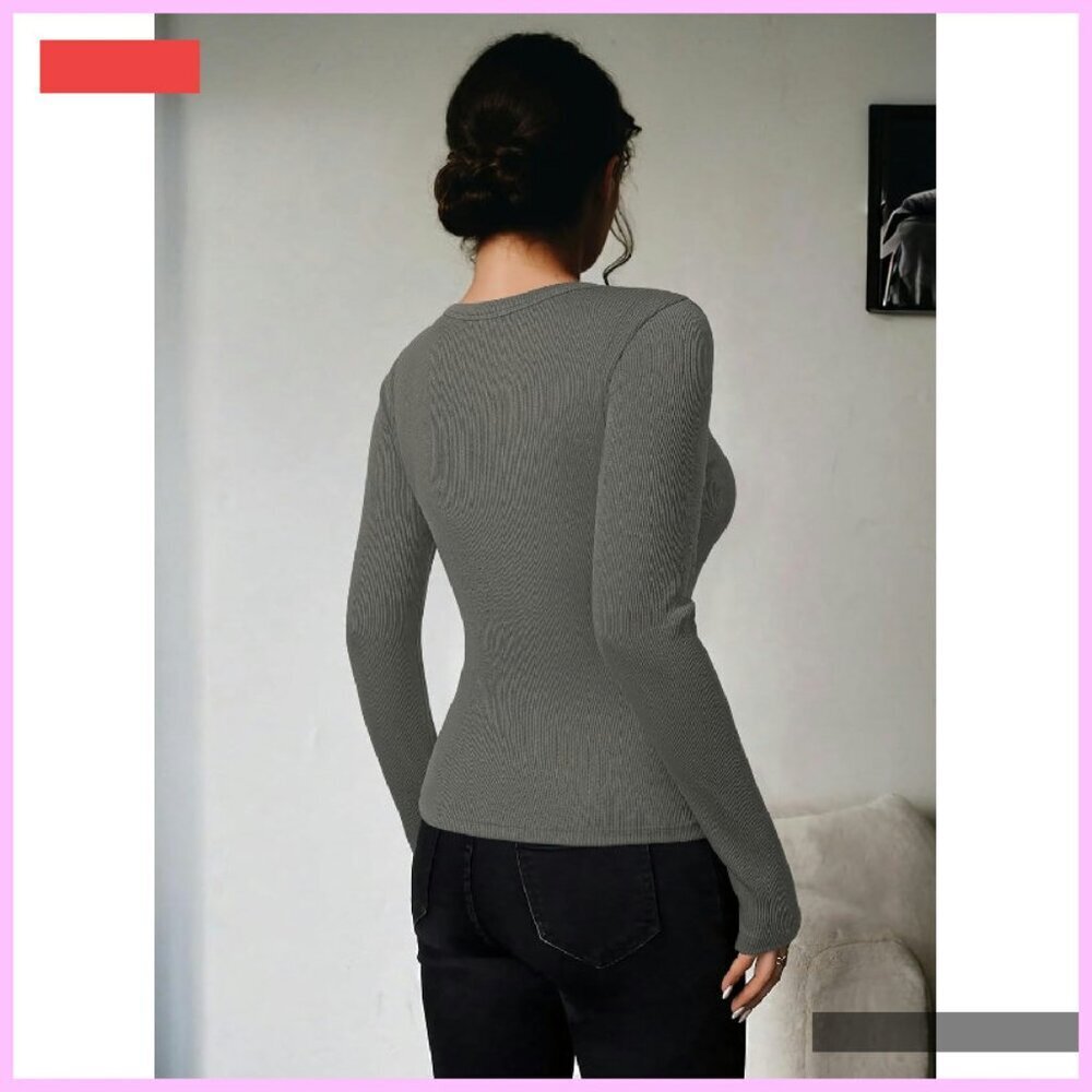 Long Sleeve Ribbed Knit Top with Keyhole Neckline - Stretch Fit - Picture 3 of 4